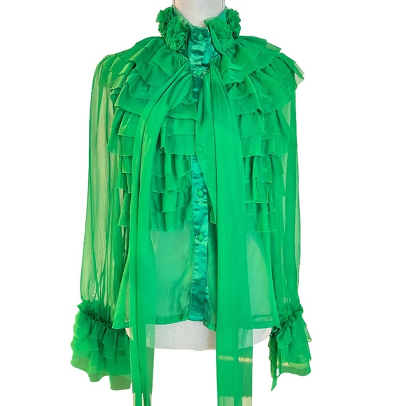 Item #A031: For Her NYC  Emerald Green Ruffle Blouse - Size M - Picture 1 of 11